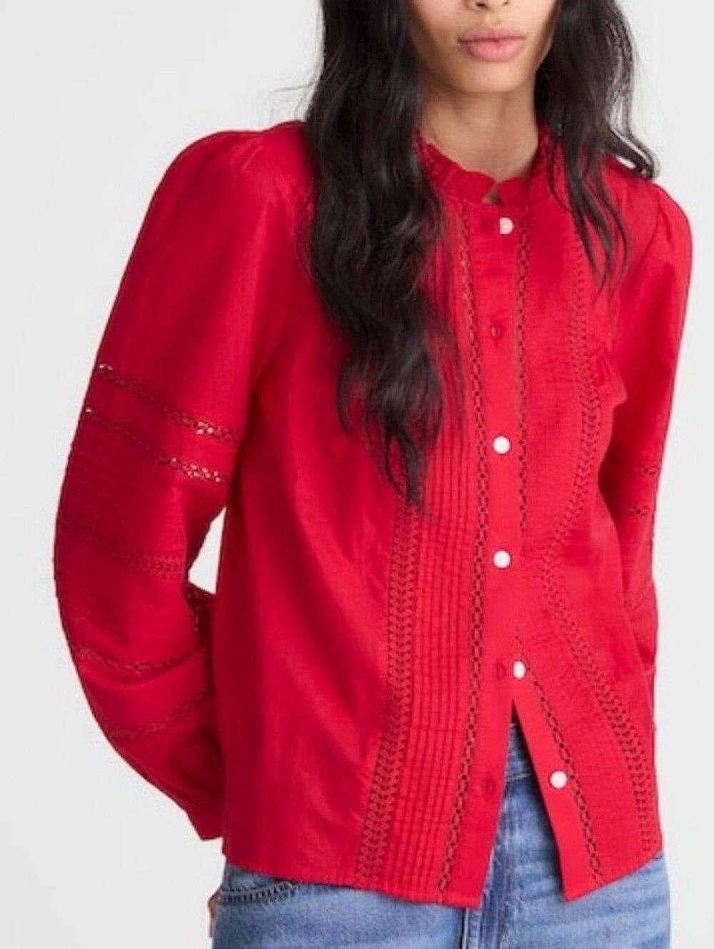 Fall Blouse - NWOT Madewell M Red Lace-Trim Button Front Blouse like new